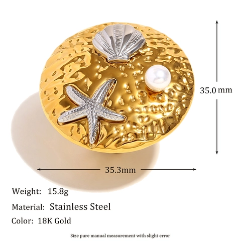 Anillo Abierto De Disco Redondo Acero Inoxidable Chapado En Oro De 18K Concha Estrella De Mar Perla Artificial Tema Océano Moda Mujer