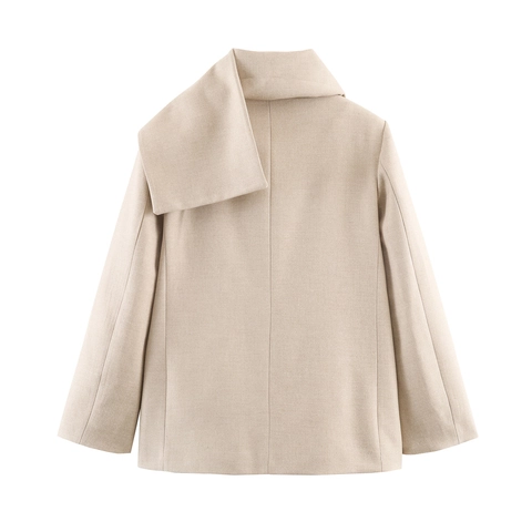 Women Scarf Collar Blazer Jacket Solid Color Elegant Woolen Texture Long Sleeve Short Outwear