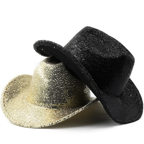 Cappello Da Cowboy Con Paillettes Tesa Larga Stile Western Per Feste Performance Festival Copricapo In Poliestere Lucido
