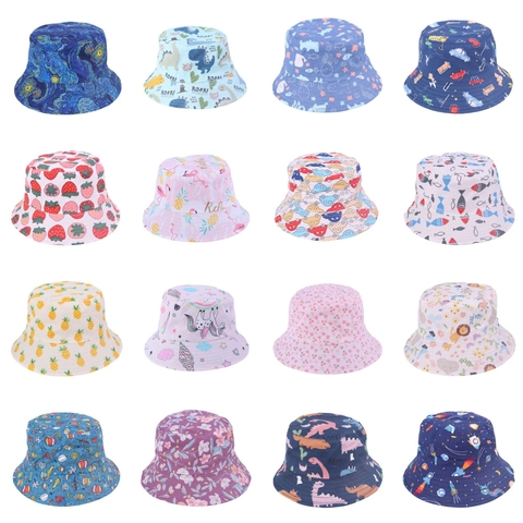 Kids Cartoon Printed Bucket Hat For Boys Girls Polyester Cotton Baby Sun Protection Outdoor Fisherman Hat With Windproof Strap