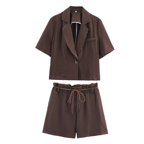 Blazer Manches Courtes Et Short À Cordon Perlé Femme Marron Aspect Lin Tenue Été Décontractée Pour Dame