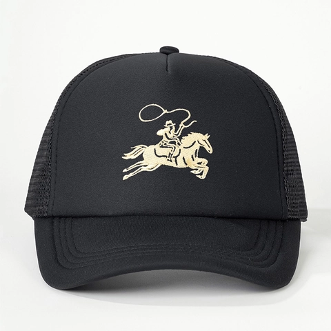 Trucker Hat Mesh Baseball Cap Western Retro Cowboy Horse Embroidery Adjustable Breathable Sunshade Polyester
