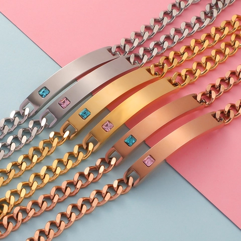Pulsera De Cadena Cubana Minimalista Acero Inoxidable 304 Barra ID Curvada Zircón Cuadrado Joyería Pareja