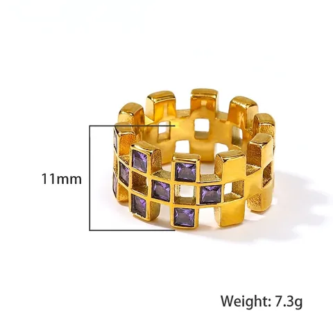 Hollow Mesh Grid Band Ring Gold Plated Titanium Steel Colorful Square Zircon Inlaid Retro French Style Jewelry For Women