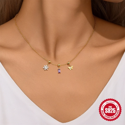 Halskette Aus 925 Sterlingsilber Mit Abnehmbaren Schmetterling Blumen Lila Zirkon Anhängern Vergoldet Verstellbar Damen