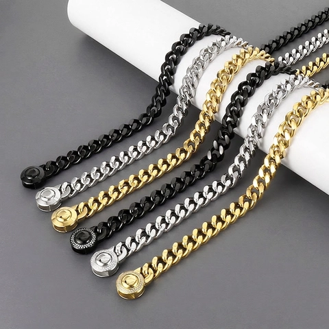 Collar De Cadena Cuban Link Acero De Titanio Hebilla Redonda Diamante De Imitación Joyería Hip Hop Para Hombre