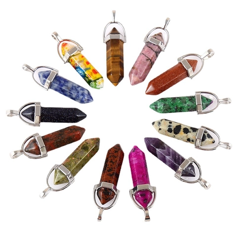 Natural Stone Hexagonal Pillar Crystal Pendant Reiki Healing Bullet Point Gemstone Alloy Charm For Necklace DIY Jewelry