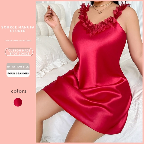Camisón De Mujer Imitación Satén Satén Tirantes Finos Vestido De Noche Volantes Florales Cuello En V Ropa De Dormir