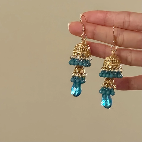 Ethnische Hohle Glocke Quaste Tropfen Ohrringe Legierung Blaue Perlen Wassertropfen Anhänger Böhmischen Retro Stil Schmuck