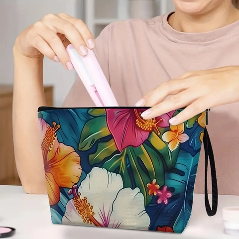 Borsa Per Trucco In Lino Floreale Organizzatore Da Viaggio Con Cerniera E Cinturino Da Polso Motivo Tropicale