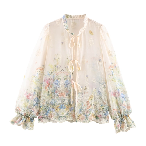 Elegante Chiffon Blouse Voor Dames Franse Stijl Bloemenborduurwerk Ruches Opstaande Kraag Strikjes Voorzijde Pofmouwen