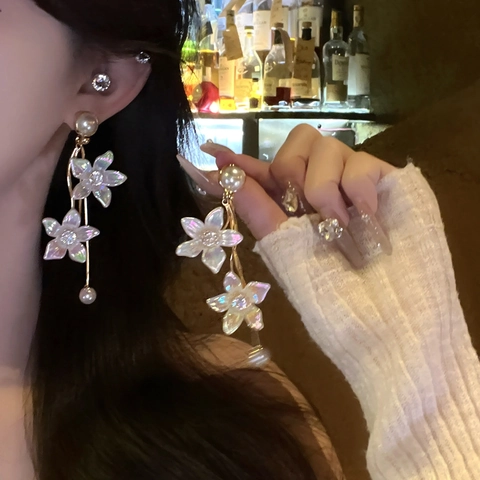 Pendientes De Borla De Perla Artificial De Flor Con Poste De Plata De Ley 925 Diamantes De Imitación Cadena Larga Joyería