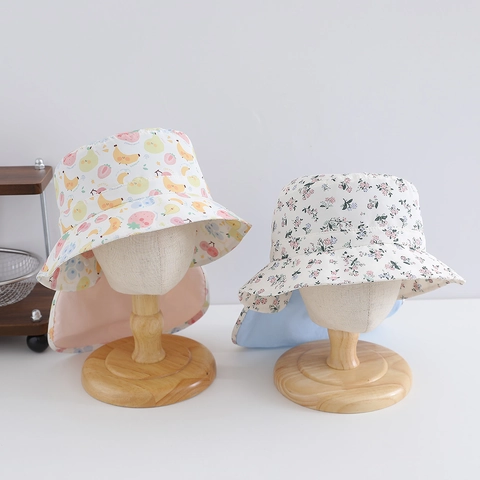 Cappello Alla Pescatora Bambine Nylon Alta Protezione Solare Con Protezione Nuca Stampa Floreale Frutta Esterno Tesa Larga Antivento