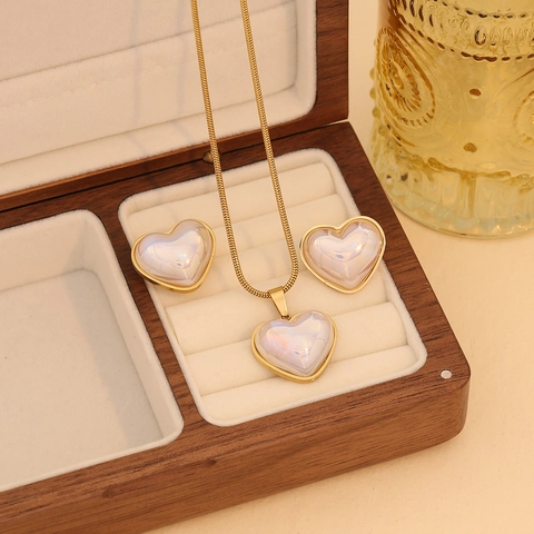 Fashion Heart Pendant Necklace And Stud Earrings Stainless Steel Gold Plated Snake Chain Jewelry For Women Multi Color