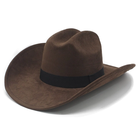 Western Cowboy Hat Faux Suede Wide Brim Retro Fedora Outdoor Knight Cap Adjustable Breathable Sun Protection