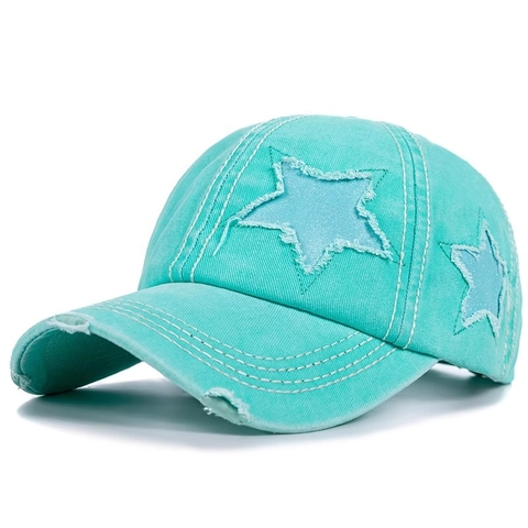 Washed Cotton Baseball Cap With Sequin Star Ponytail Hole Distressed Vintage Adjustable Casual Sun Hat For Women
