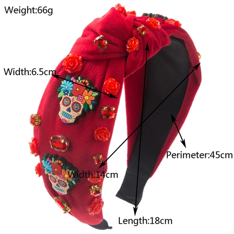 Halloween Sugar Skull Knotted Headband Velvet Rose Rhinestone Day Of The Dead Festive Hair Band For Women Party Hair Accessories
