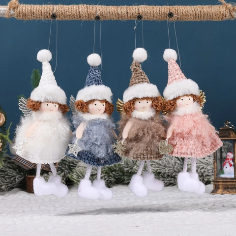Bambola Angelo Di Natale Ornamenti Appesi Peluche Maglia Ali Di Paillettes Gonna Scozzese Ciondolo Fata Decorazione Albero Di Festa