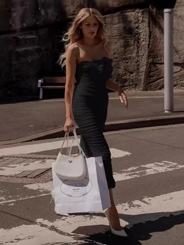Vestito Midi Arricciato A Fascia Con Decorazione Floreale Tridimensionrale Bodycon Sexy In Poliestere Elastan Da Donna