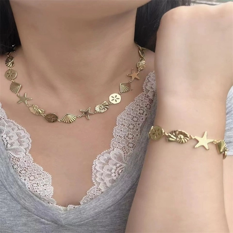 18K Vergoldeter Kupfer Ozean Element Schmuck Seestern Muschel Anhänger Halskette Und Armband Verstellbare Mode Accessoires Für Damen