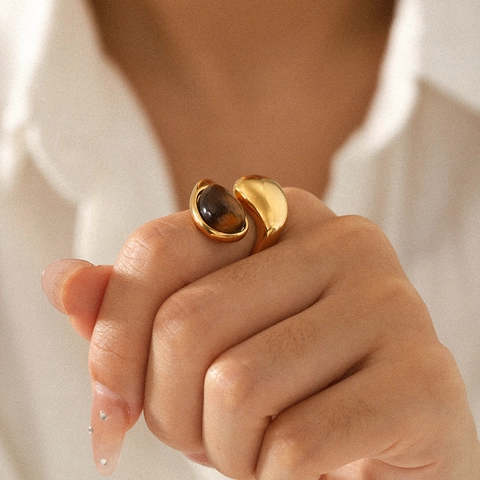 Teardrop Open Ring Stainless Steel Tiger Eye Stone Artificial Pearl Organic Line Adjustable High End Jewelry Women