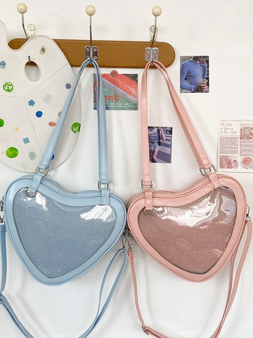 Heart Shaped Ita Bag PU Leather Clear Window Crossbody Shoulder Purse For Girls Lolita JK Style Kawaii Badge Display