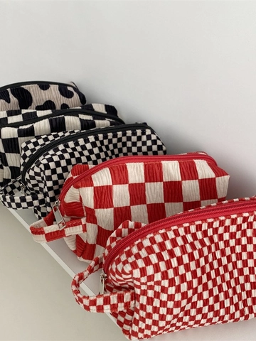 Checkerboard Seersucker Make-Up Tas Grote Capaciteit Draagbare Cosmetische Toilettas Met Handvat Voor Reizen Vrouwen