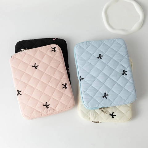 Gesteppte Laptoptasche Schleifenstickerei Tablet Hülle Stoßfeste Nylon Reißverschlusstasche Schutzhülle Damen