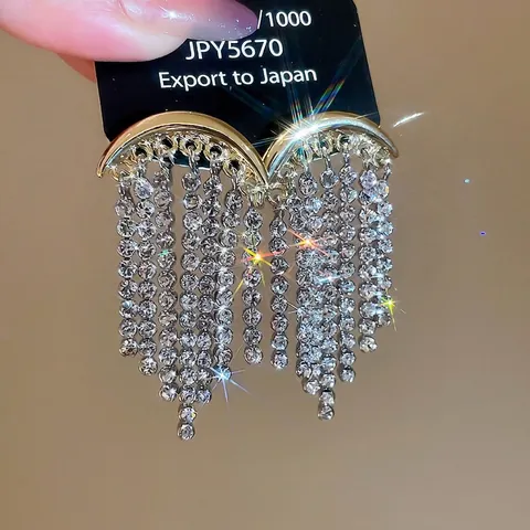 Shiny Rhinestone Half Moon Tassel Drop Earrings Alloy Gold Plated With 925 Sterling Silver Earring Post For Women Luxury