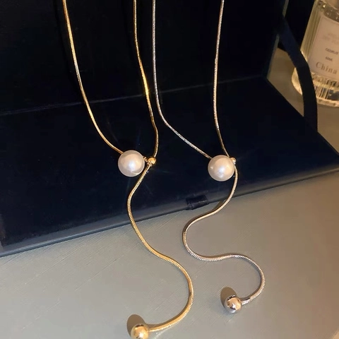 Collar Con Colgante De Perla Artificial Acero De Titanio Cadena De Serpiente Ajustable Forma De Y Cadena Larga Elegante Moda Mujer