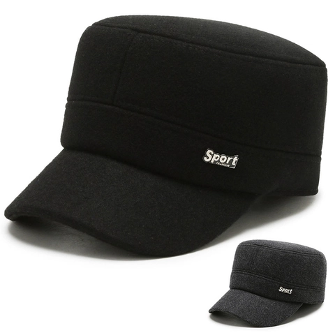Herren Wintermütze Schirmmütze Wolle Flat Top Cap Mit Ohrenklappen Verstellbar Sport Metallschild Mode
