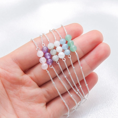 Minimalist Natural Stone Beaded Bracelet Stainless Steel Chain Multiple Colors Adjustable For Women Fashion Jewelry