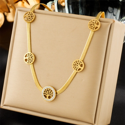 Collier Arbre De Vie Acier Inoxydable Plaqué Or Vintage Rond Creux Serti De Zircon Chaîne Serpent Bijoux Pour Femmes