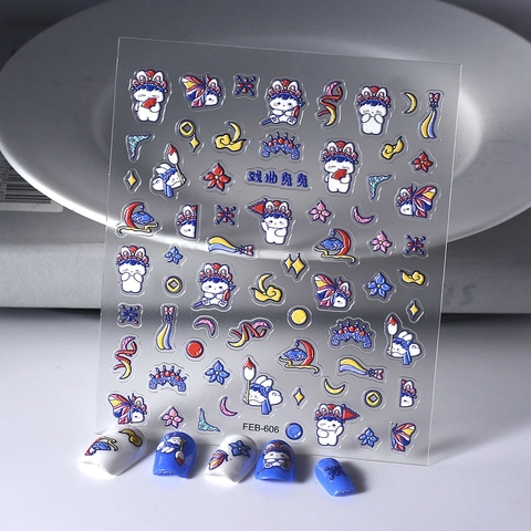 5D Embossed Nail Stickers Chinese Opera Cartoon Rabbit Self Adhesive Manicure Decoration National Tide Style For Women