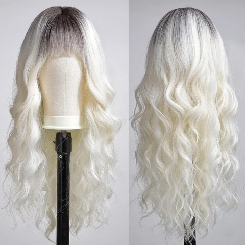 Long Wavy Wig For Women With Neat Bangs Synthetic Heat Resistant Fiber Natural Looking Full Machine Made Hairpiece