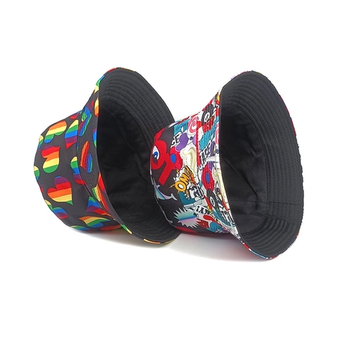 Chapeau Bob Polyester Réversible Protection Solaire Arc En Ciel Cœur Dessin Animé Graffiti Mode Homme Femme