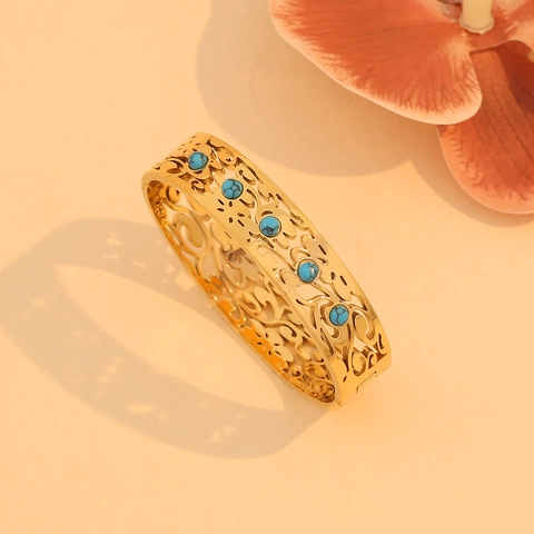 Vintage Hollow Out Bangle Bracelet Stainless Steel Turquoise Rhinestone Geometric Boho Gold Plated Jewelry For Women