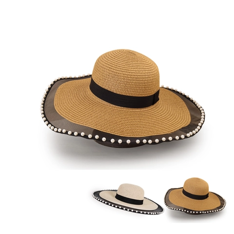 Chapeau De Paille À Bord Large Pour Femme Avec Bordure En Maille Et Künstliche Perles Protection Solaire Plage Été Élégant