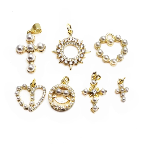 Elegant Small Charm Pendants Copper Gold Plated With Artificial Pearl Zircon Cross Heart Smile Face DIY Jewelry Making Accessories