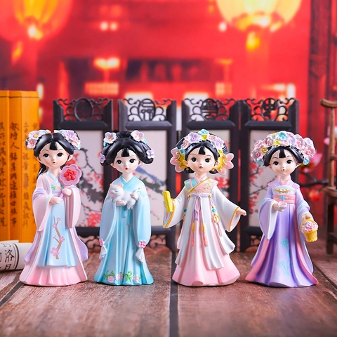 Ancient Chinese Girl Figurines Traditional Hanfu Lady Ornaments Synthetic Resin Q Version Desktop Decor Decorative Miniature Gifts