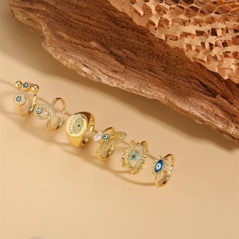 Evil Eye Rings Copper Cubic Zirconia Enamel Adjustable Opening French Vintage Style For Women