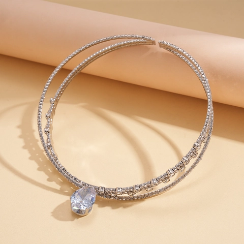 Double Layer Choker Necklace With Copper Zircon Rhinestone Waterdrop Pear Pendant Sparkling Elegant For Women