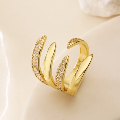Anello Aperto Geometrico in Rame Placcato Oro 18K con Zirconia per Donna Gioiello da Dito Regolabile Irregolare Moda Occidentale