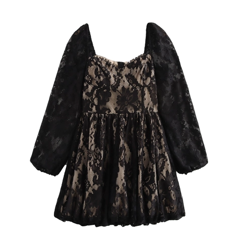 Dames Sexy Kant Patchwork Mini-jurk Vierkante Hals Lange Mouwen Hoge Taille A-Lijn Elegante Feestjurk