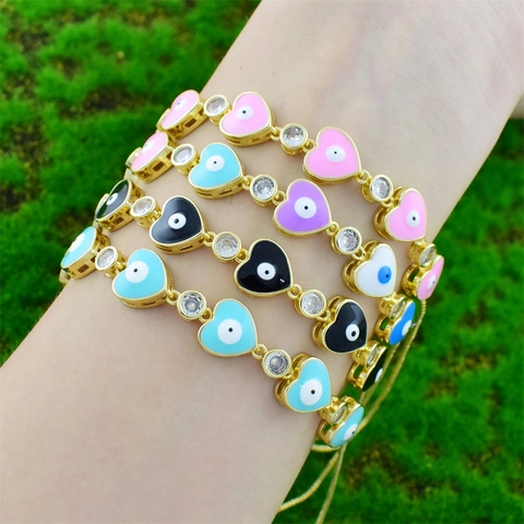 Mode Kupfer Emaille Böser Blick Herz Armband Vergoldet Zirkonia Verstellbare Box Kette Schmuck Für Damen