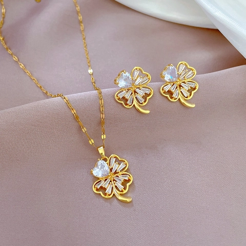 Kleeblatt Halskette Und Ohrstecker Titanstahl Kupfer Zirkonia Mit Silver Earring Post Eleganter Damenschmuck