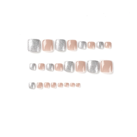 Press On Toenails Nude French Style Silver Glitter Glossy Square Plastic Fake Toe Nails And Glue For Women
