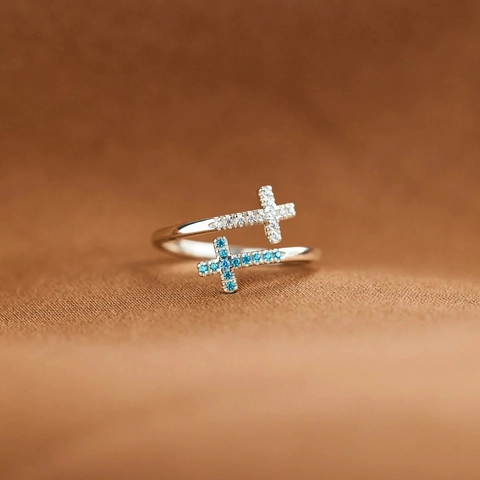 Anello Aperto a Croce in Argento Sterling S925 per Donna Regolabile Minimalista con Zirconia Blu Bianca Gioielli Moda