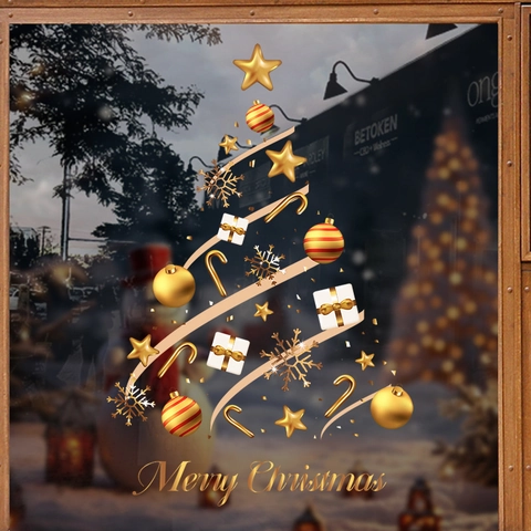 Christmas Tree Window Stickers Static Cling PVC Gold Stars Snowflakes Reusable Removable Holiday Shop Glass Decor