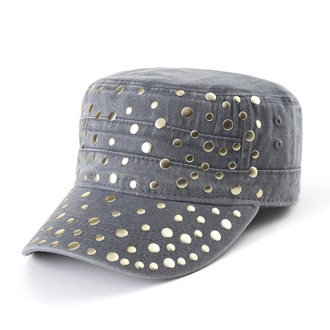 Cadet Pet Gewassen Katoen Platte Militaire Hoed Met Metalen Klinknagels Verstelbaar Ademend Retro Punk Stijl Voor Heren Dames